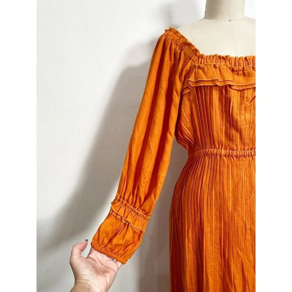 Nicholas 6 S Pleated Prairie Dress Deep Orange Linen Puff Sleeve Midi Ruffle New - Picture 5 of 8